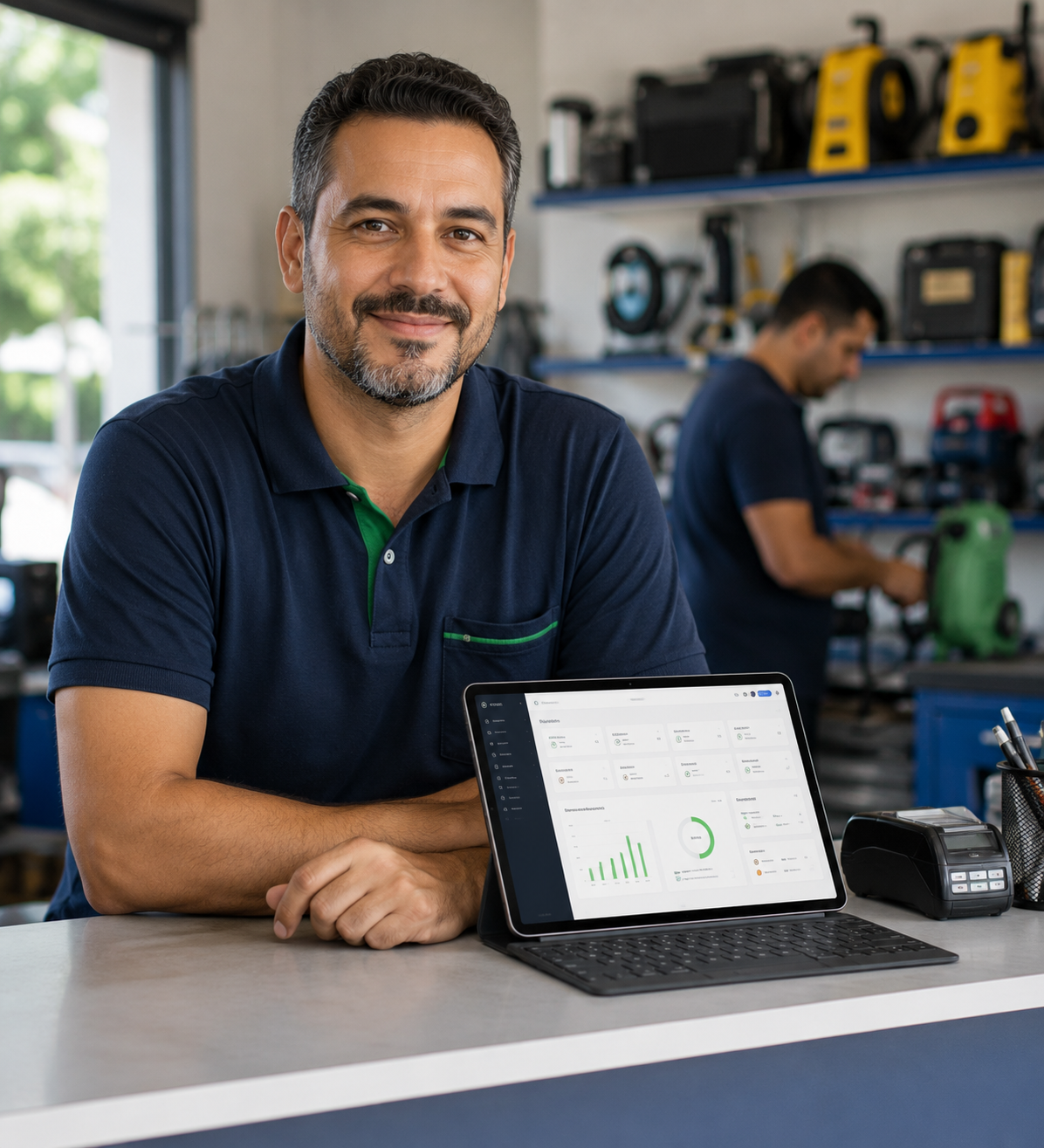 Profissional usando o Brist ERP no balcão da empresa